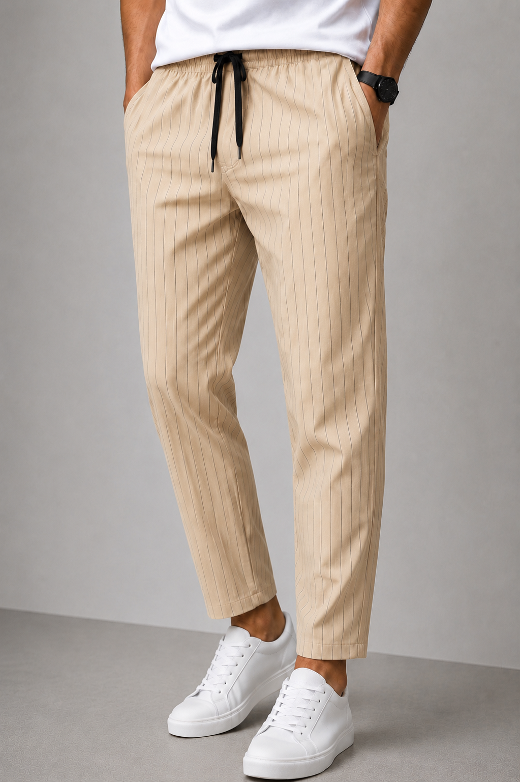 Men's Light Beige Striped Linen Trouser | Premium Casual Lower