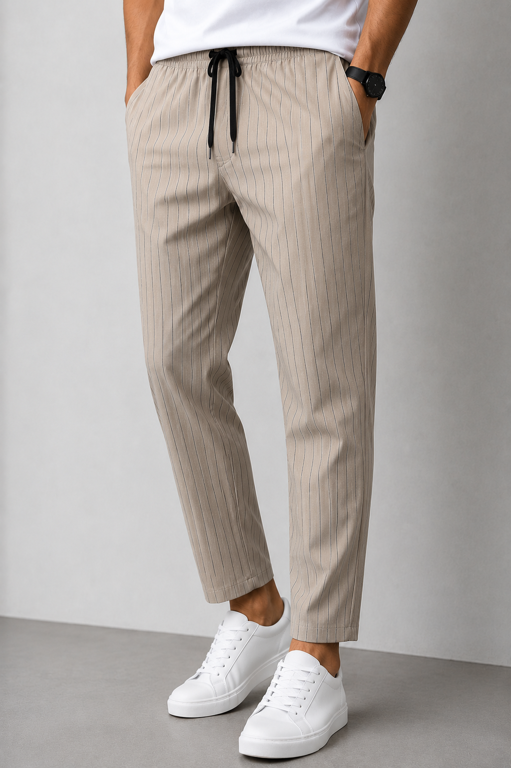 Men's Light Beige Striped Linen Trouser | Premium Casual Lower